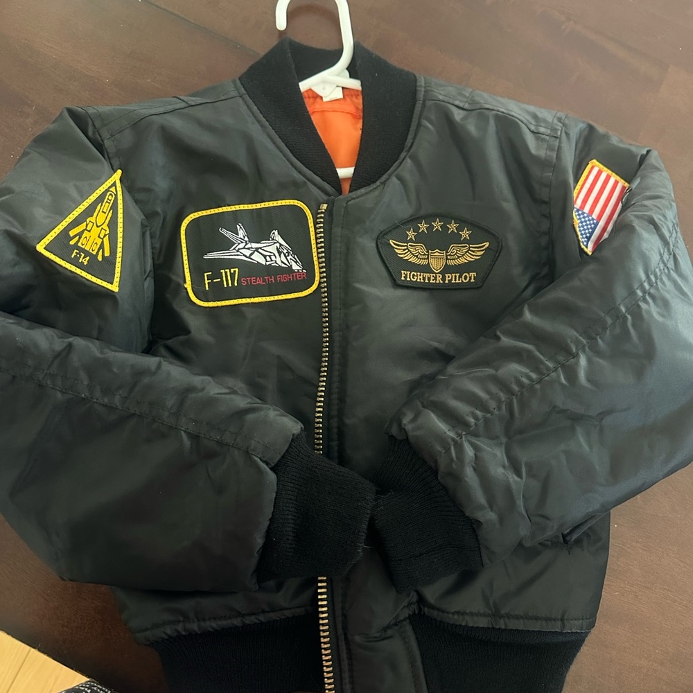 Rothco Black Kids Bomber Jacket with Orange Lining and Patches